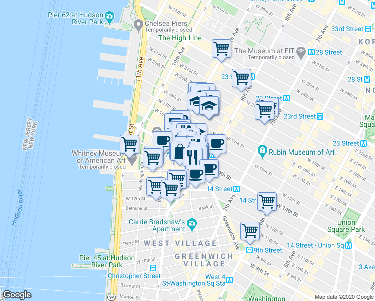 map of restaurants, bars, coffee shops, grocery stores, and more near 2 Gansevoort Street in New York