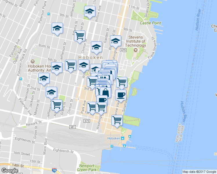 map of restaurants, bars, coffee shops, grocery stores, and more near 56 3rd Street in Hoboken