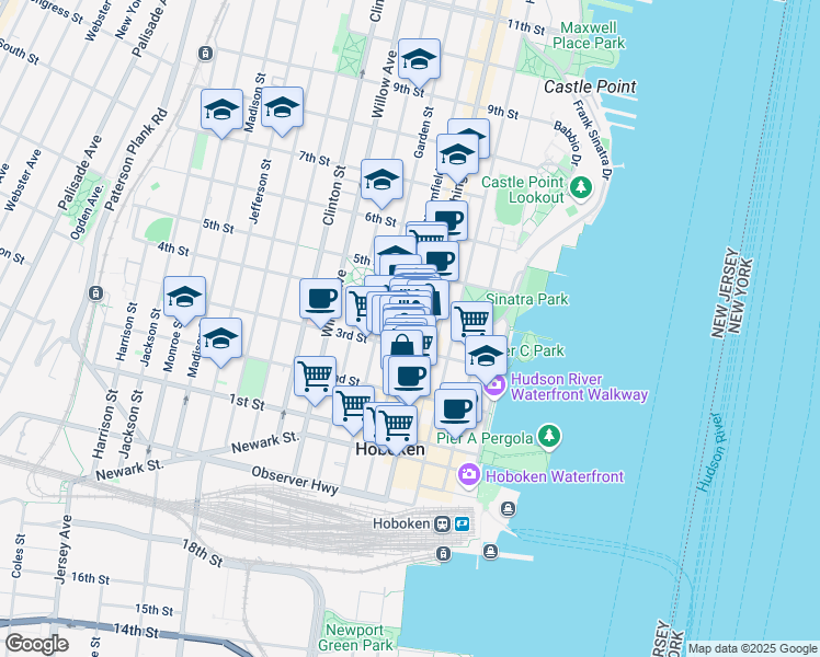 map of restaurants, bars, coffee shops, grocery stores, and more near 235 Bloomfield Street in Hoboken