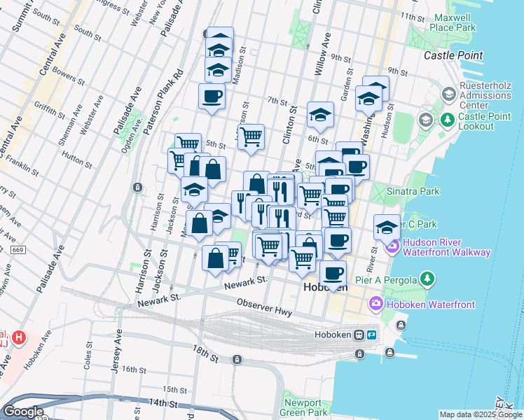 map of restaurants, bars, coffee shops, grocery stores, and more near in Hoboken