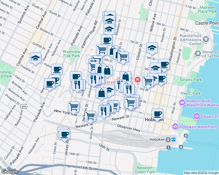 map of restaurants, bars, coffee shops, grocery stores, and more near 509 2nd Street in Hoboken