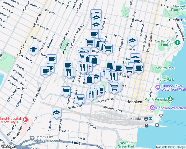 map of restaurants, bars, coffee shops, grocery stores, and more near 509 2nd Street in Hoboken