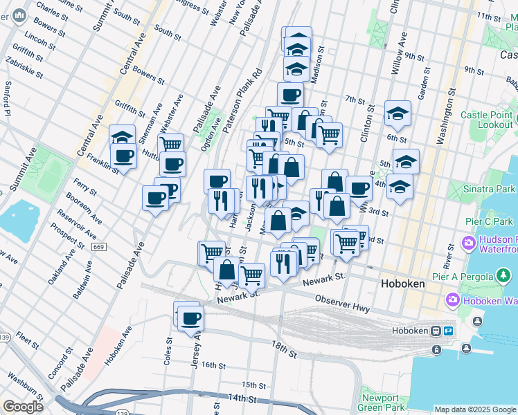 map of restaurants, bars, coffee shops, grocery stores, and more near 126 Monroe Street in Hoboken