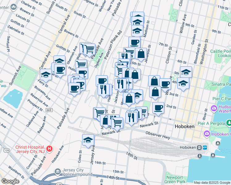 map of restaurants, bars, coffee shops, grocery stores, and more near 117 Harrison Street in Hoboken