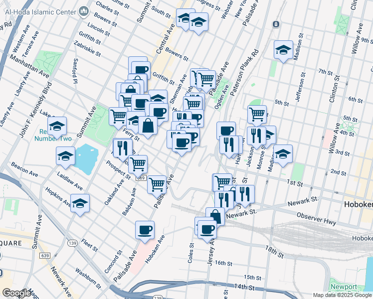 map of restaurants, bars, coffee shops, grocery stores, and more near 161 Ogden Avenue in Jersey City