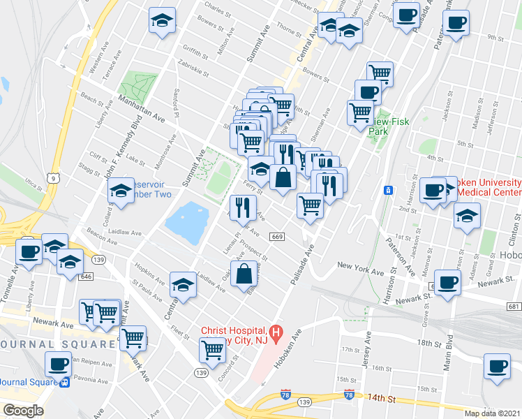 map of restaurants, bars, coffee shops, grocery stores, and more near 91 Booraem Avenue in Jersey City
