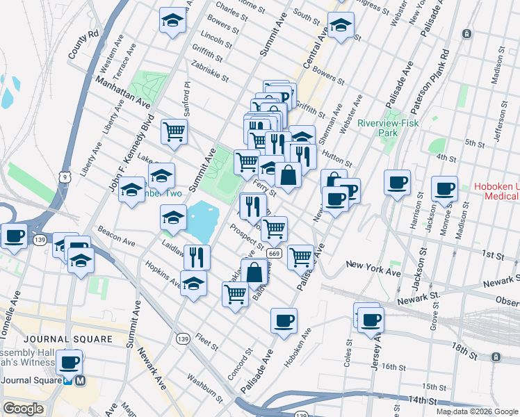 map of restaurants, bars, coffee shops, grocery stores, and more near 91 Reservoir Avenue in Jersey City