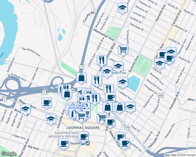 map of restaurants, bars, coffee shops, grocery stores, and more near 3140 John F. Kennedy Boulevard in Jersey City
