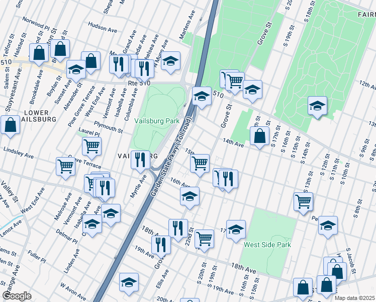 map of restaurants, bars, coffee shops, grocery stores, and more near 41 Vine Avenue in Irvington