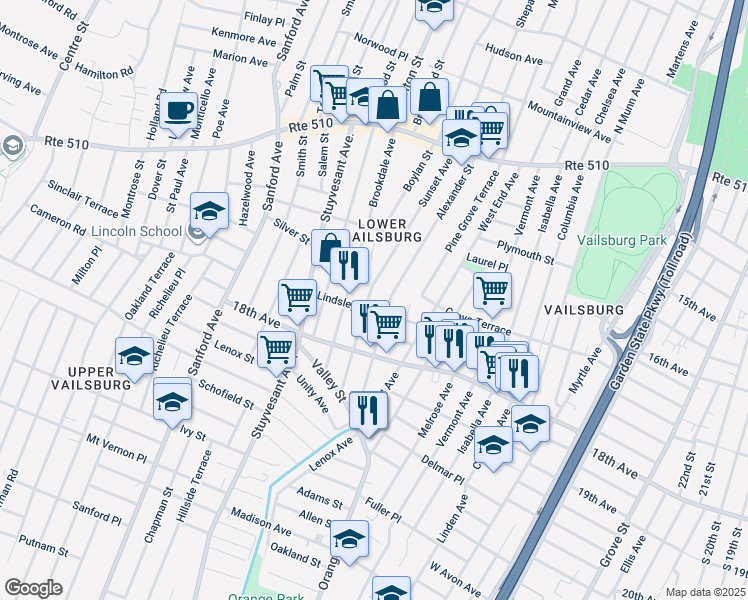 map of restaurants, bars, coffee shops, grocery stores, and more near 78 Lindsley Avenue in Newark