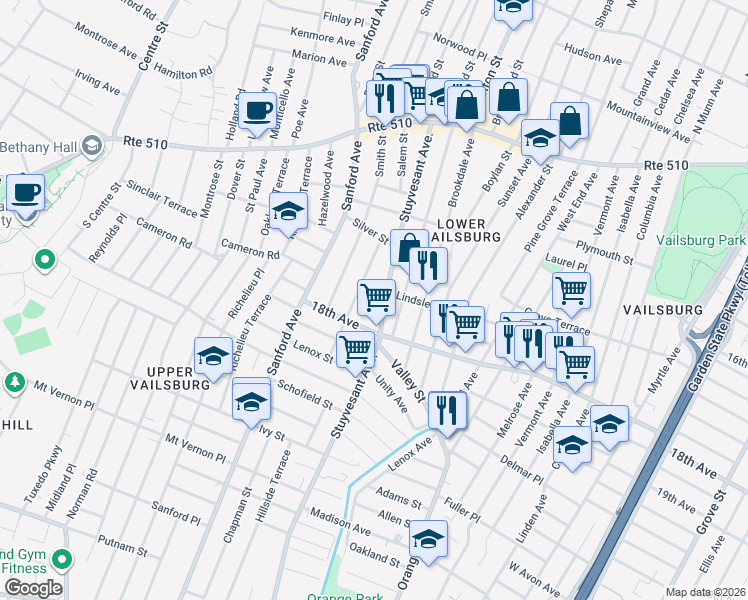 map of restaurants, bars, coffee shops, grocery stores, and more near 183 Norwood Street in Newark