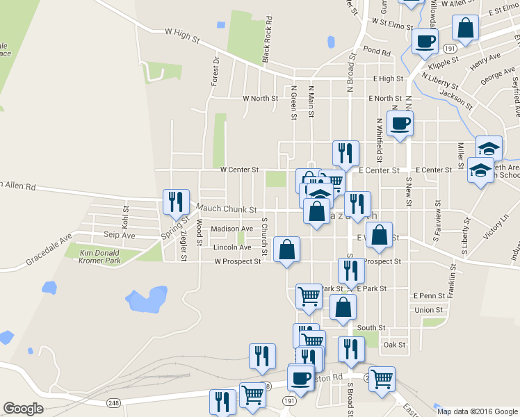 map of restaurants, bars, coffee shops, grocery stores, and more near 206 Madison Avenue in Nazareth