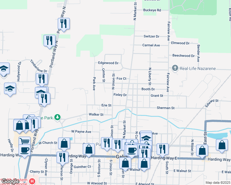 map of restaurants, bars, coffee shops, grocery stores, and more near 520 North Union Street in Galion