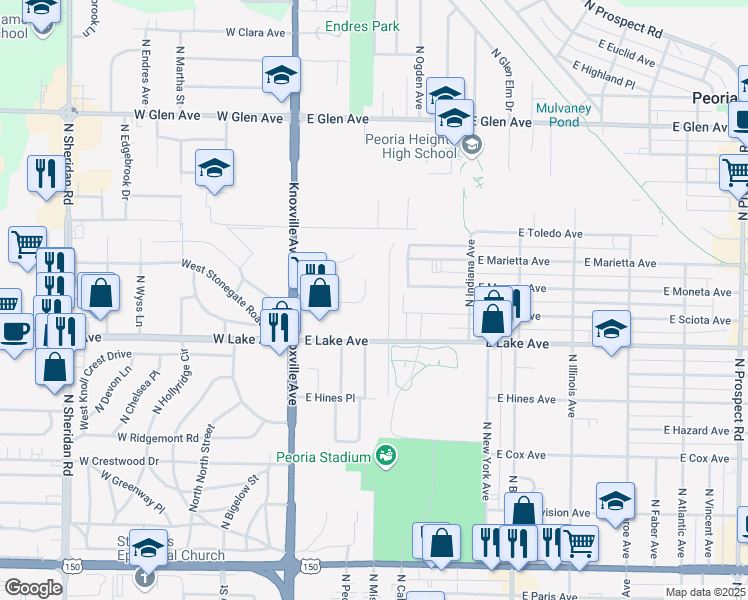 map of restaurants, bars, coffee shops, grocery stores, and more near 212 East Oak Cliff Court in Peoria