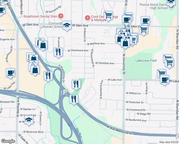 map of restaurants, bars, coffee shops, grocery stores, and more near 1705 West Lake Avenue in Peoria