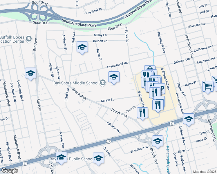 map of restaurants, bars, coffee shops, grocery stores, and more near 393 Brook Avenue in Bay Shore
