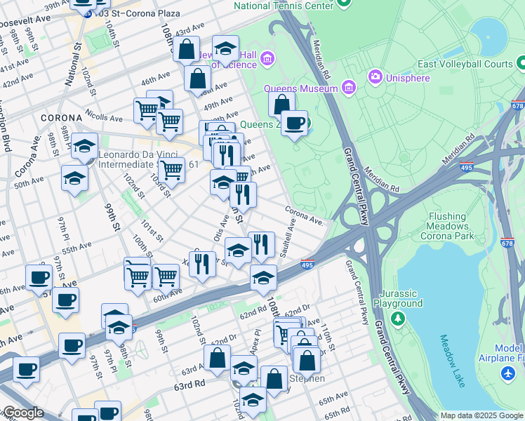 map of restaurants, bars, coffee shops, grocery stores, and more near 57-11 Van Doren Street in Queens