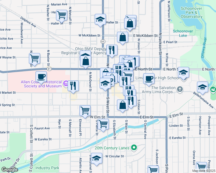 map of restaurants, bars, coffee shops, grocery stores, and more near 130 North West Street in Lima