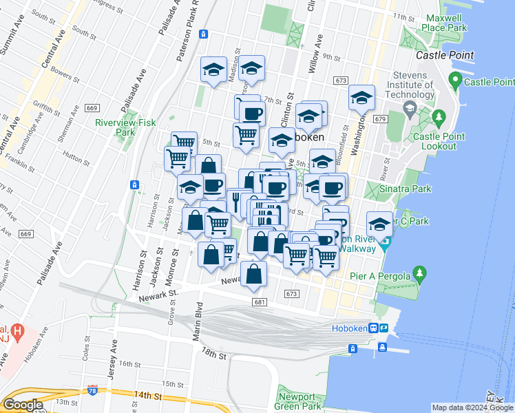 map of restaurants, bars, coffee shops, grocery stores, and more near 207 Grand Street in Hoboken
