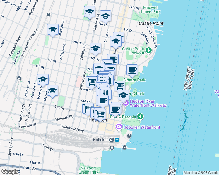 map of restaurants, bars, coffee shops, grocery stores, and more near 56 3rd Street in Hoboken