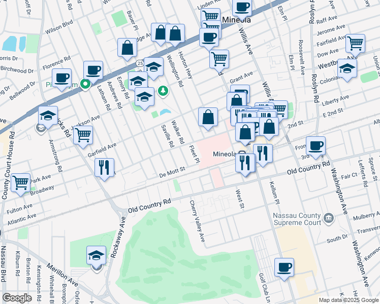 map of restaurants, bars, coffee shops, grocery stores, and more near 259 1st Street in Mineola