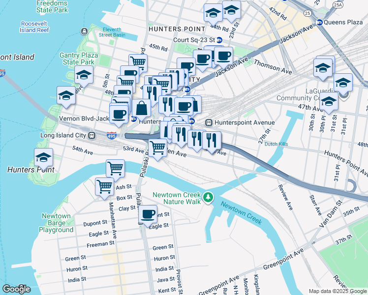 map of restaurants, bars, coffee shops, grocery stores, and more near 21-32 Borden Avenue in Queens