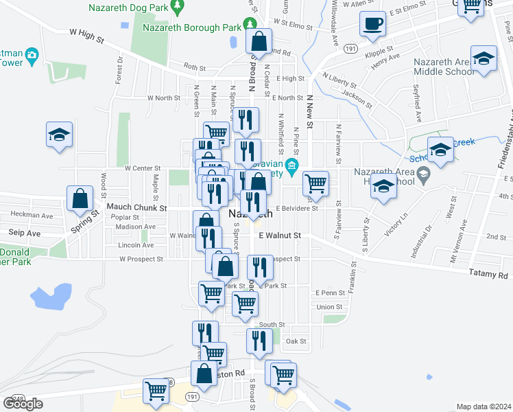 map of restaurants, bars, coffee shops, grocery stores, and more near 79 South Broad Street in Nazareth