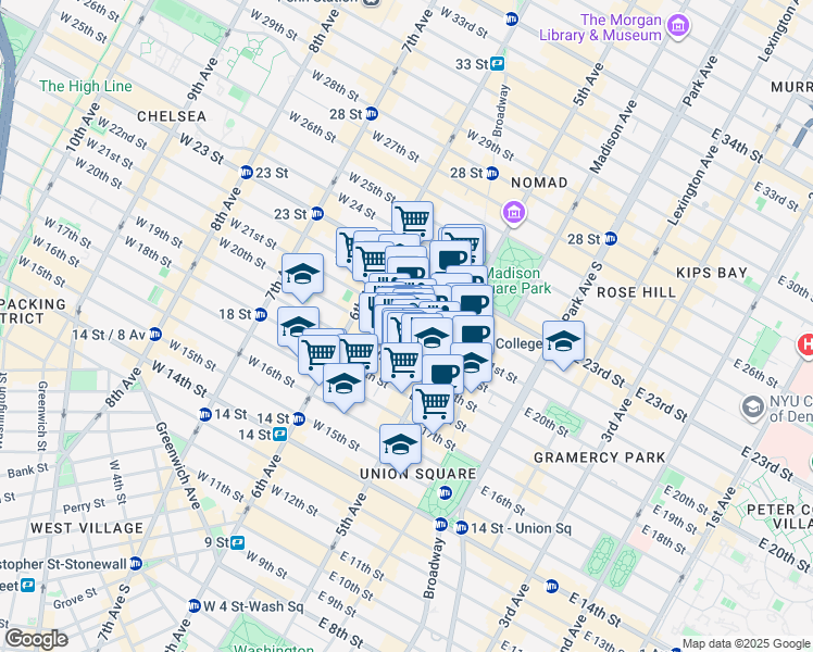 map of restaurants, bars, coffee shops, grocery stores, and more near 22 West 21st Street in New York