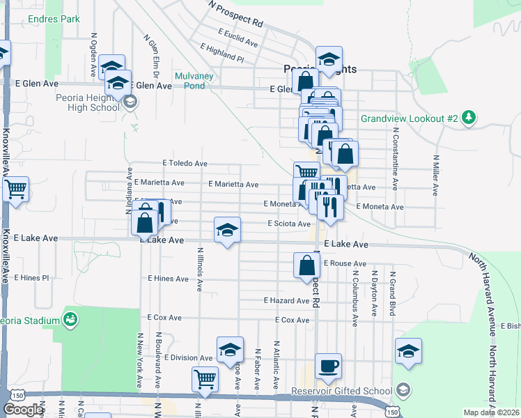 map of restaurants, bars, coffee shops, grocery stores, and more near 1100 East Moneta Avenue in Peoria Heights