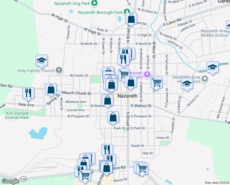 map of restaurants, bars, coffee shops, grocery stores, and more near 17 East Belvidere Street in Nazareth