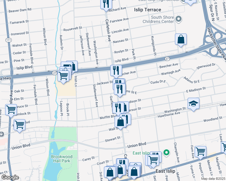 map of restaurants, bars, coffee shops, grocery stores, and more near 190 Carleton Avenue in East Islip