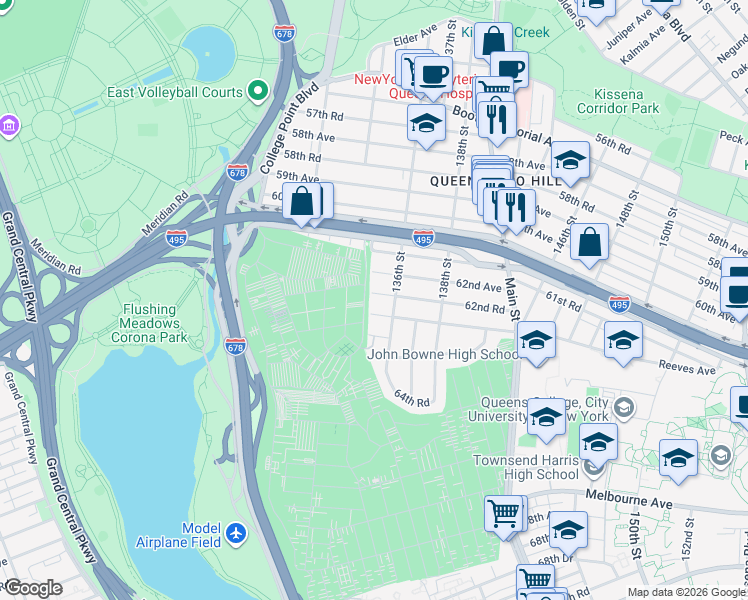map of restaurants, bars, coffee shops, grocery stores, and more near 135-08 63rd Road in Queens