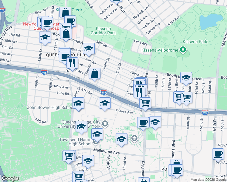 map of restaurants, bars, coffee shops, grocery stores, and more near 150-04 61st Road in Queens