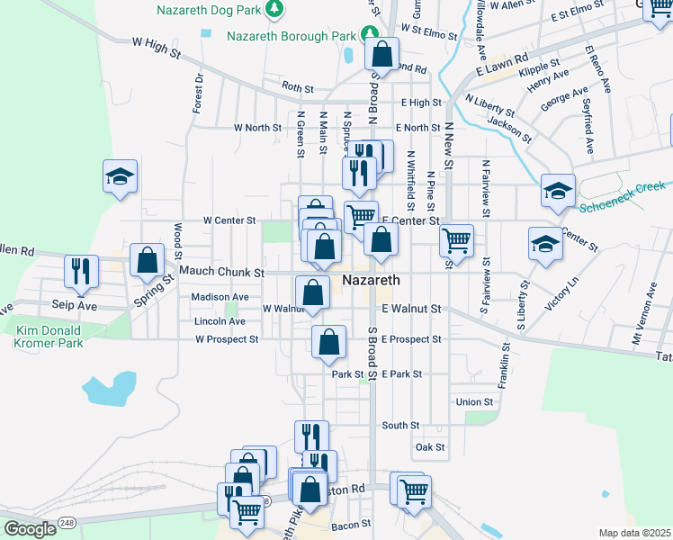 map of restaurants, bars, coffee shops, grocery stores, and more near 17 East Belvidere Street in Nazareth