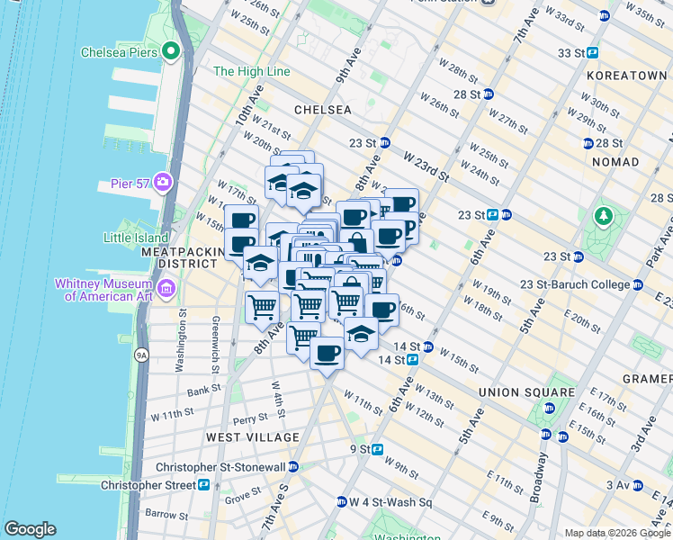 map of restaurants, bars, coffee shops, grocery stores, and more near West 16th Street in New York