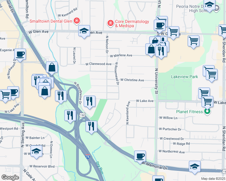 map of restaurants, bars, coffee shops, grocery stores, and more near 1705 West Lake Avenue in Peoria