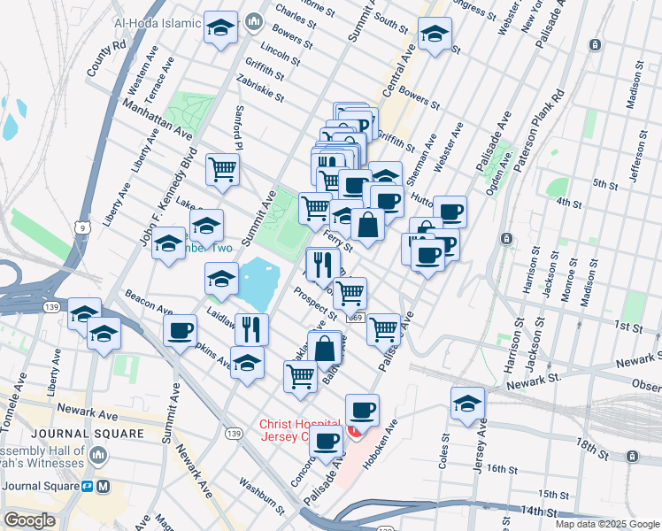 map of restaurants, bars, coffee shops, grocery stores, and more near 91 Reservoir Avenue in Jersey City