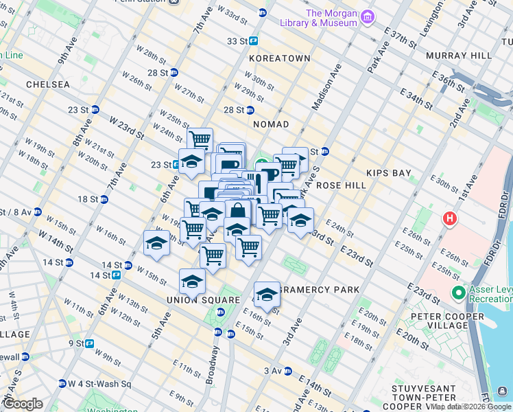 map of restaurants, bars, coffee shops, grocery stores, and more near 16 East 23rd Street in New York