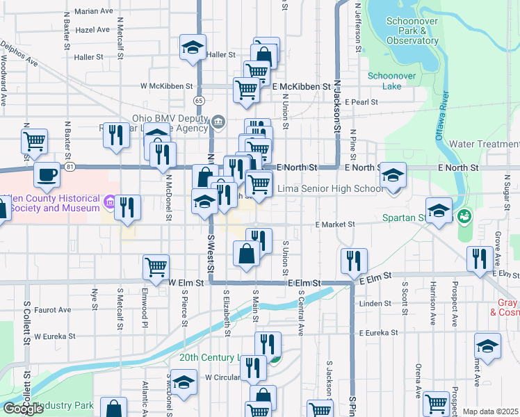 map of restaurants, bars, coffee shops, grocery stores, and more near 203 North Main Street in Lima