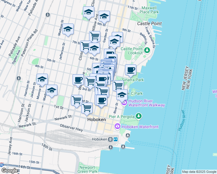map of restaurants, bars, coffee shops, grocery stores, and more near 407 Washington Street in Hoboken