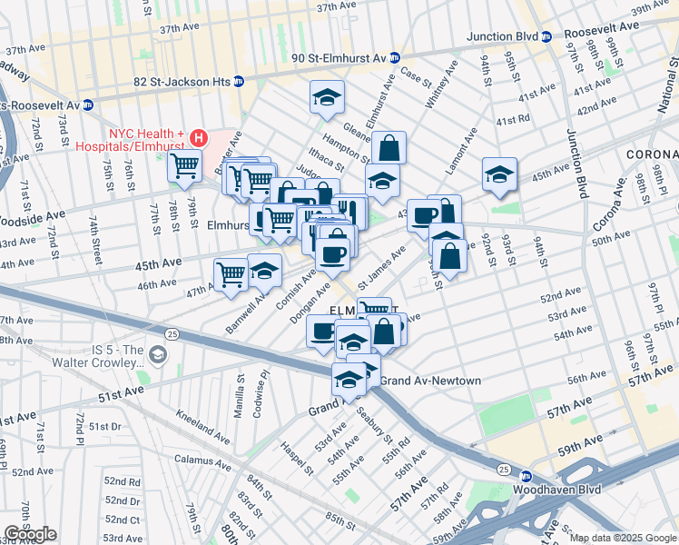 map of restaurants, bars, coffee shops, grocery stores, and more near 85-21 Whitney Avenue in Queens