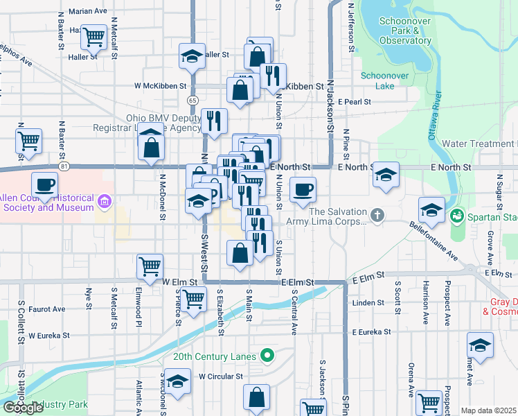 map of restaurants, bars, coffee shops, grocery stores, and more near 74 Town Square in Lima