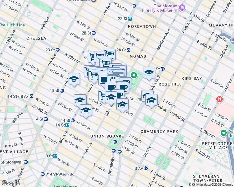 map of restaurants, bars, coffee shops, grocery stores, and more near 935 Broadway in New York