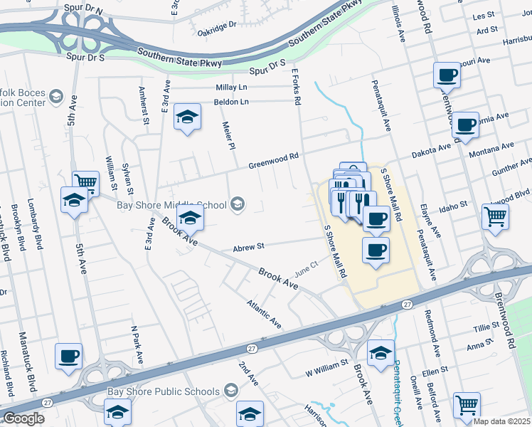 map of restaurants, bars, coffee shops, grocery stores, and more near 393 Brook Avenue in Bay Shore
