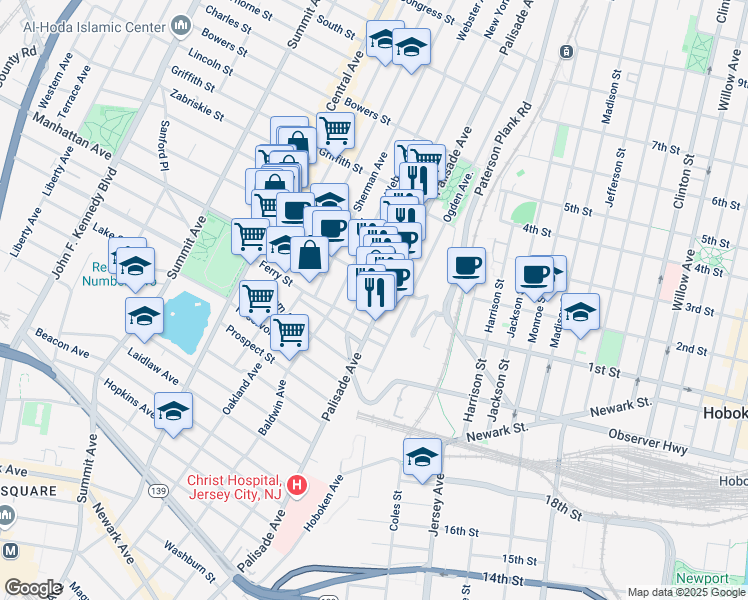 map of restaurants, bars, coffee shops, grocery stores, and more near 63 Franklin Street in Jersey City