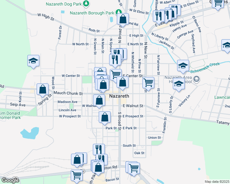 map of restaurants, bars, coffee shops, grocery stores, and more near 31 South Spruce Street in Nazareth