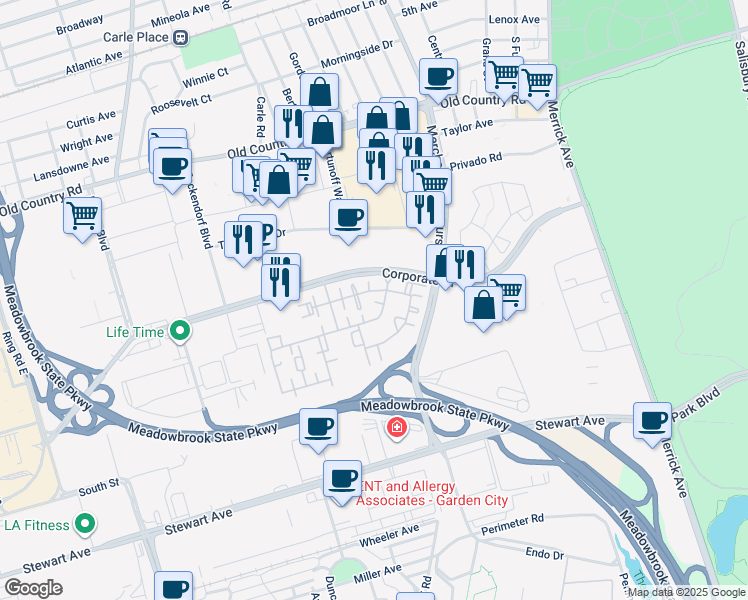 map of restaurants, bars, coffee shops, grocery stores, and more near 307 Trotting Lane in Uniondale