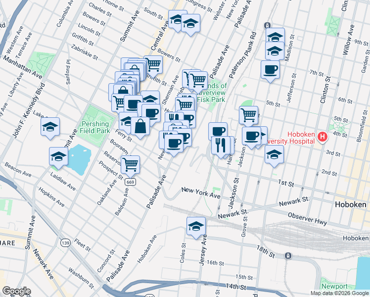 map of restaurants, bars, coffee shops, grocery stores, and more near 189 Ogden Avenue in Jersey City