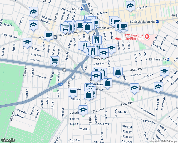 map of restaurants, bars, coffee shops, grocery stores, and more near 43-08 69th Street in Queens
