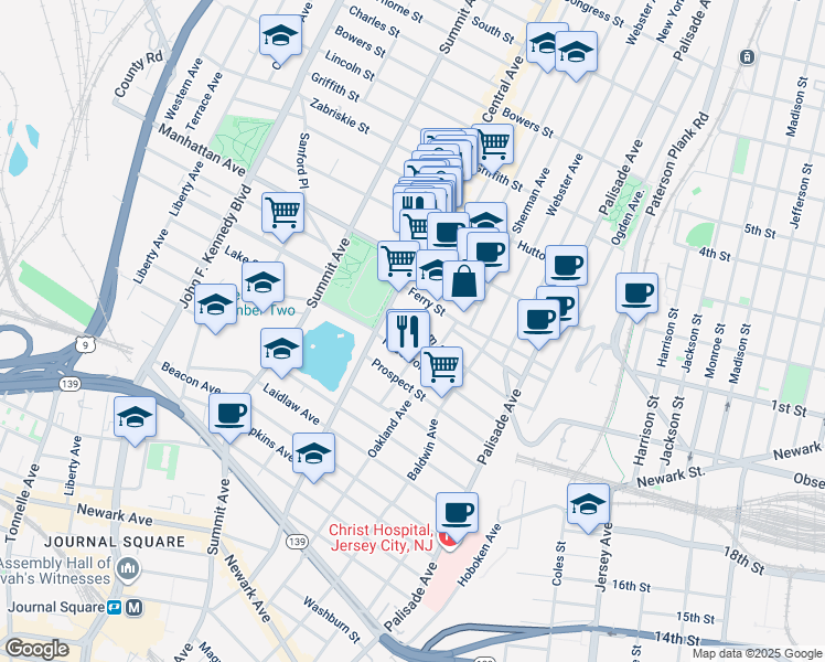 map of restaurants, bars, coffee shops, grocery stores, and more near 202 Central Avenue in Jersey City